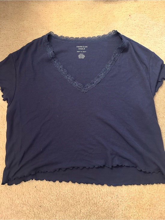 American Eagle Outfitters Tops - American Eagle Outfitters Navy Lace-Trim Cropped V-Neck Top